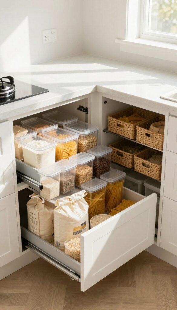 Pull-out pantry drawers in lower cabinets with organized dry goods