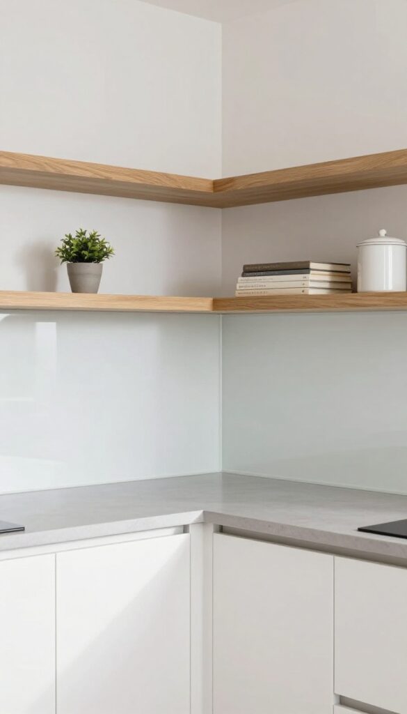 Glossy white glass backsplash with floating corner shelves in a bright kitchen