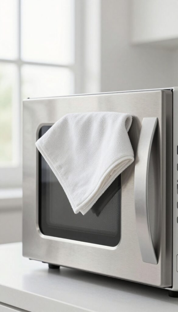 Cleaning the exterior of a stainless steel microwave with a microfiber cloth in a bright kitchen.