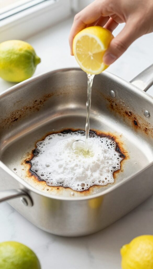 Baking soda and lemon juice fizzing on a burnt stainless steel pan to remove residue.