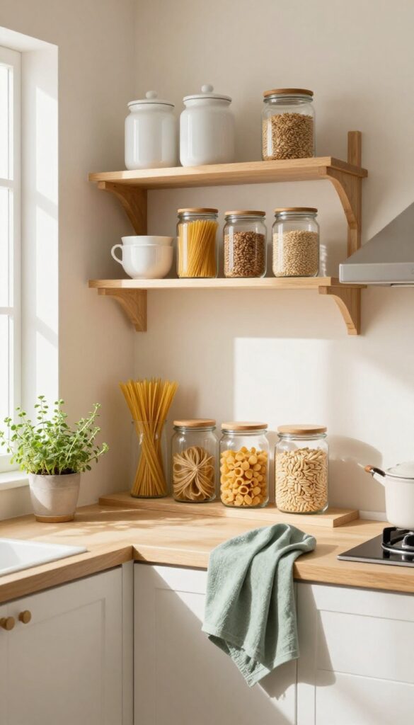 Sunlit pantry with pale wood shelves, white ceramic jars, glass containers, and herb garden on windowsill, warm morning light