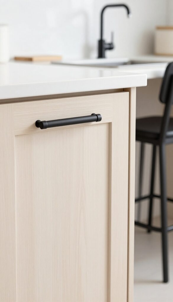 Close-up of light wood shaker cabinet with matte black T-bar pull, bright kitchen background, black faucet and bar stools in view