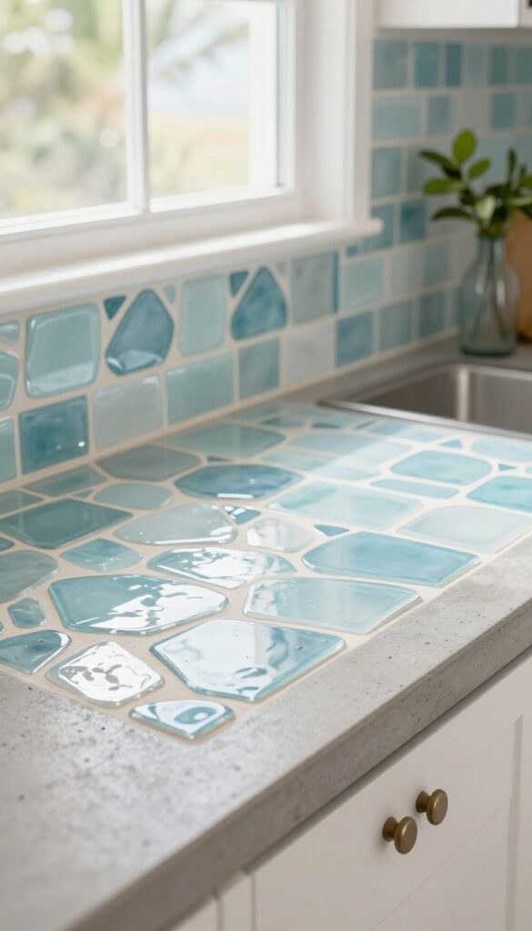 Polished concrete counter with seafoam and pale blue mosaic glass tile backsplash, natural light, cozy coastal kitchen vignette