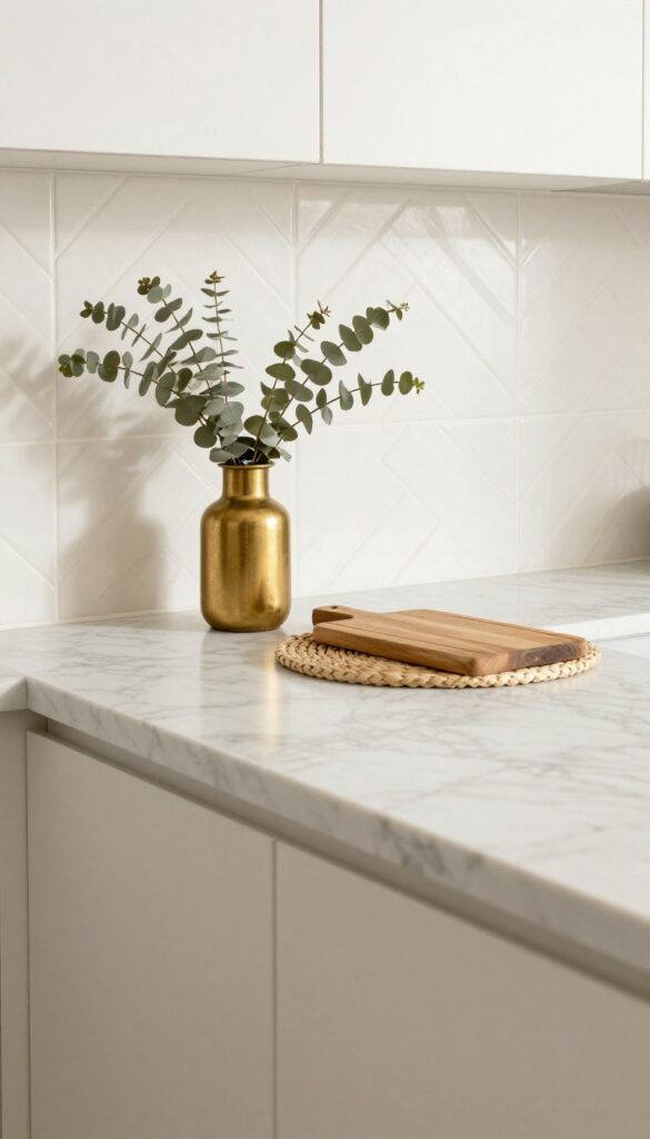 Warm white marble counter with herringbone pattern tile backsplash in a cozy kitchen