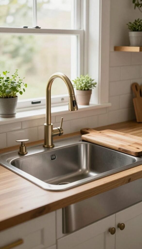 Farmhouse-style apron sink in a budget-friendly kitchen with brushed brass faucet and wood cutting board