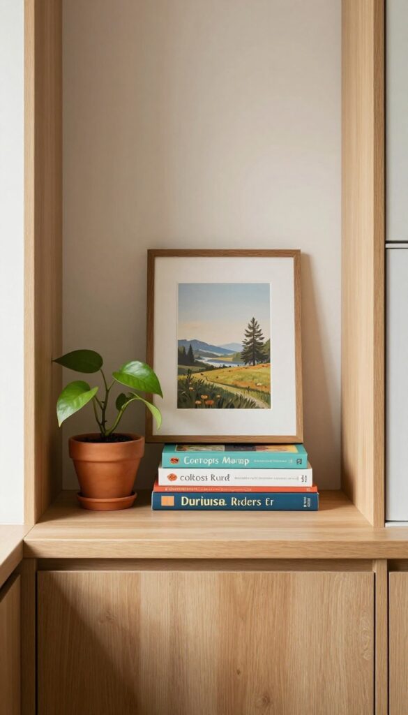 Cozy kitchen alcove with stacked cookbooks, leaning art print, and a small potted plant on a shelf.
