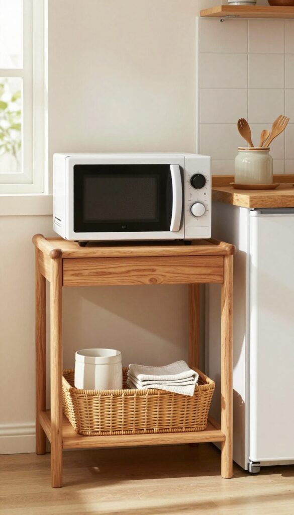 Small kitchen with a warm wood microwave cart, microwave on top, basket and utensils, natural light