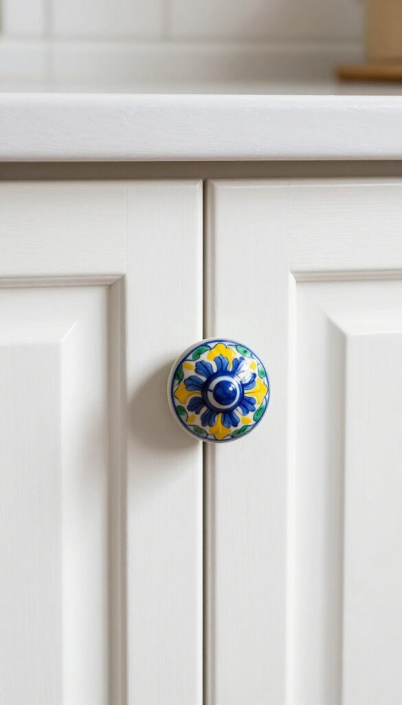 Close-up of white kitchen cabinet with colorful hand-painted talavera ceramic knob