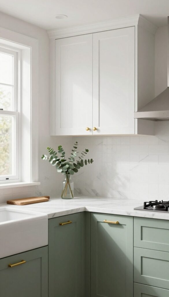 Two-tone kitchen with sage green lower cabinets, white upper cabinets, brass hardware, and marble countertops