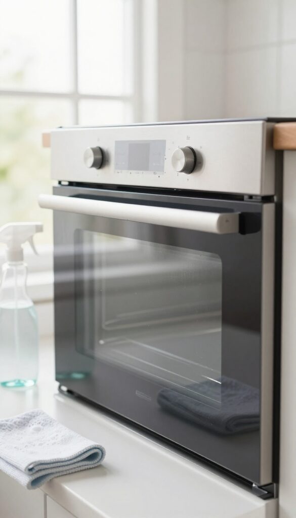 Clean oven glass door with dish soap and warm water cleaning supplies