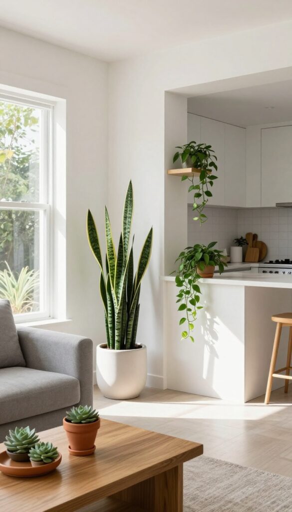 Small open living room and kitchen with low-maintenance plants including snake plant, pothos, and succulents in neutral pots, natural light, clean and modern decor.