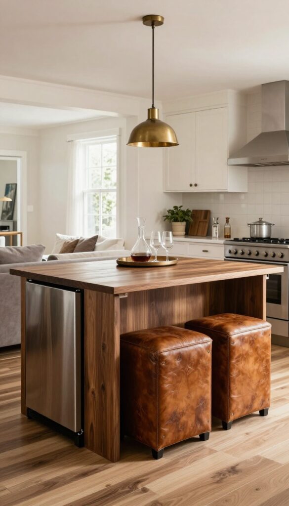 Large kitchen island with built-in wine fridge and leather stools in a warm, lived-in home