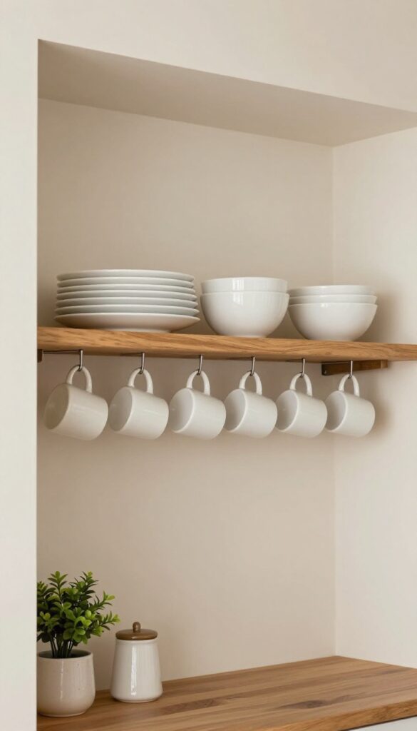 Floating shelf in kitchen niche with stacked white dishware, hanging mugs, and a small plant