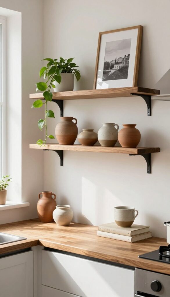 Floating shelves in a kitchen alcove with curated decor including a ceramic vase, trailing plant, framed photo, and books in warm neutrals