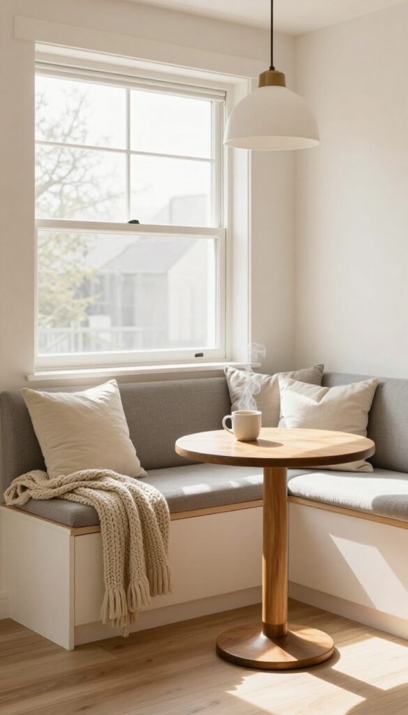 Cozy kitchen seating nook with cushions and throws in a bay window