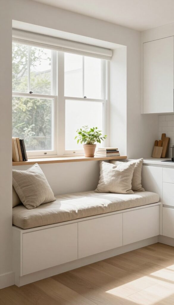 A cozy kitchen nook with a bay window featuring a long neutral cushion and minimal decor, bathed in natural light.