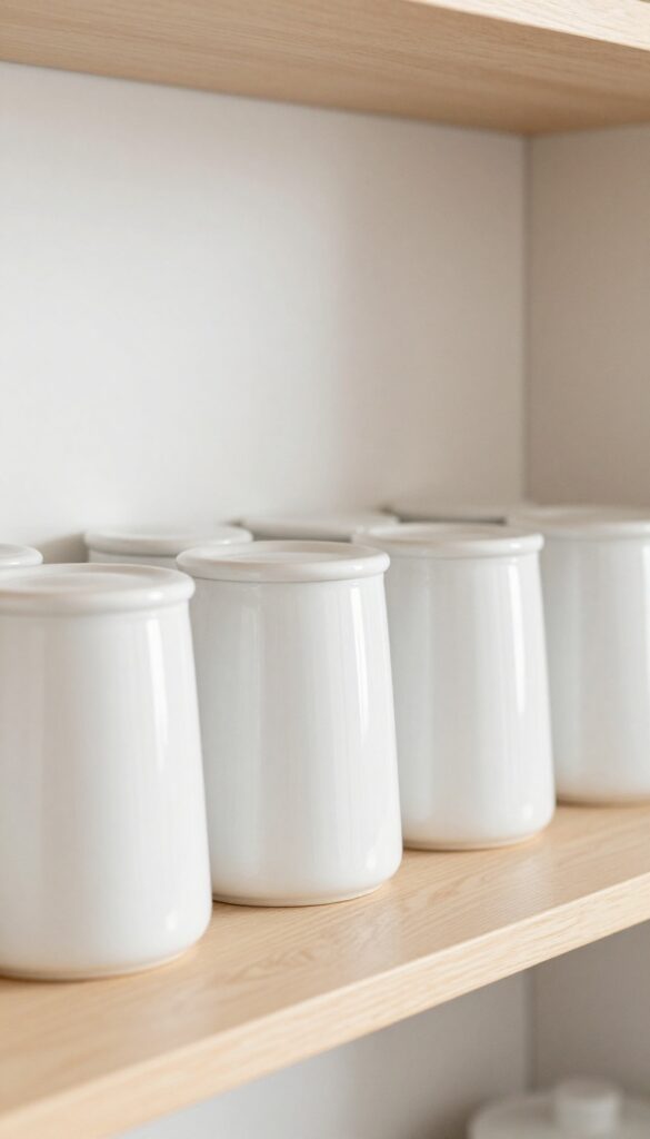 Monochromatic white canisters neatly arranged on an open kitchen shelf, creating a calm and organized look.