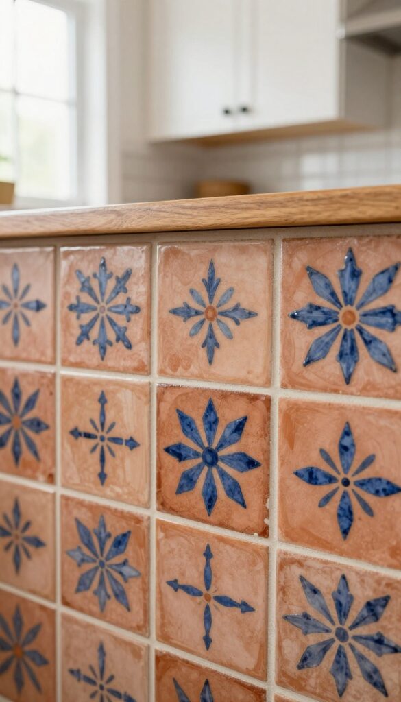 Close-up of hand-painted Spanish tile backsplash in earthy tones with white cabinets and wood accents in natural light.