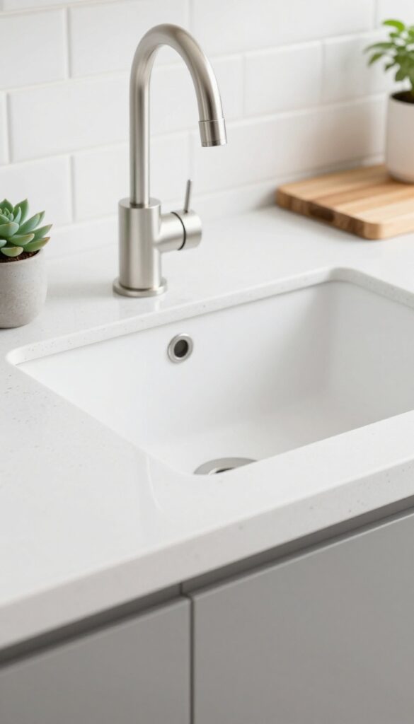 Seamless integrated white sink and countertop in a bright kitchen with natural light and minimal decor