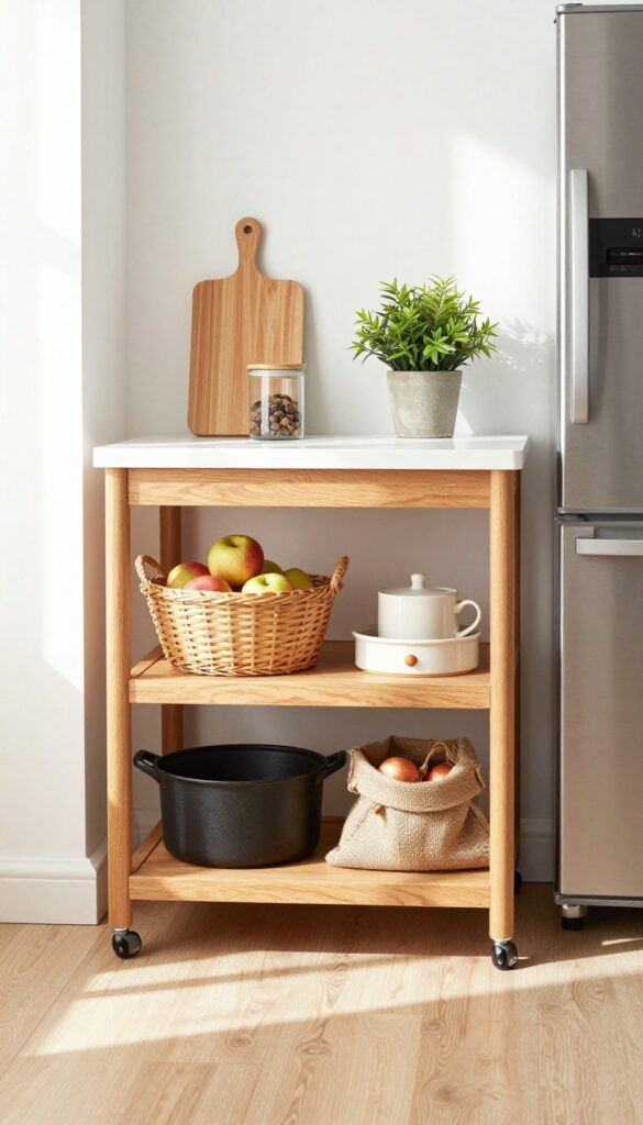 A slim wooden rolling cart placed between a counter and refrigerator in a bright small kitchen, styled with a cutting board, plant, and storage baskets.