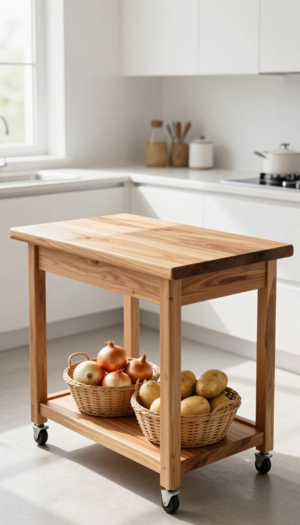 Rolling butcher block cart with storage baskets in a bright kitchen