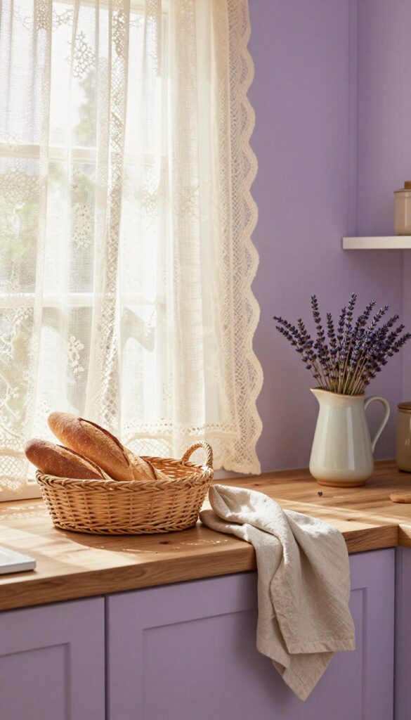 Cozy French countryside rental kitchen with lavender and lace decor, wicker basket, ceramic pitcher, and dried lavender on countertop.