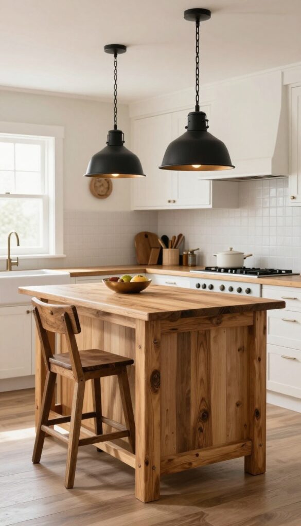 Farmhouse kitchen with black metal pendant lights over island, warm lighting, rustic charm.