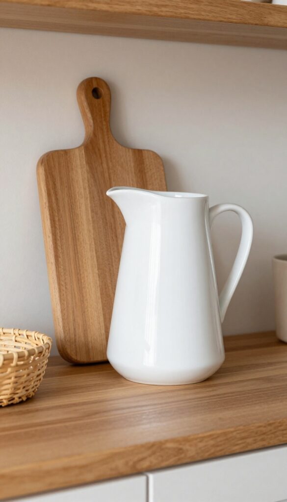 White ceramic pitcher and bowl with wooden cutting board on a kitchen shelf, natural light, cozy and layered arrangement.