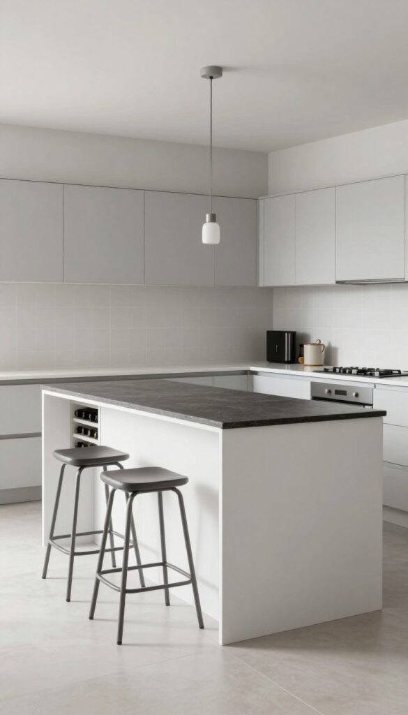 Small kitchen island with built-in wine rack and seating nook, modern design, bright natural light