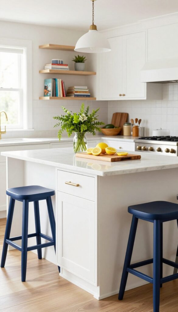 Small kitchen island made from a stock cabinet with Corian top, navy stools, and fresh herbs
