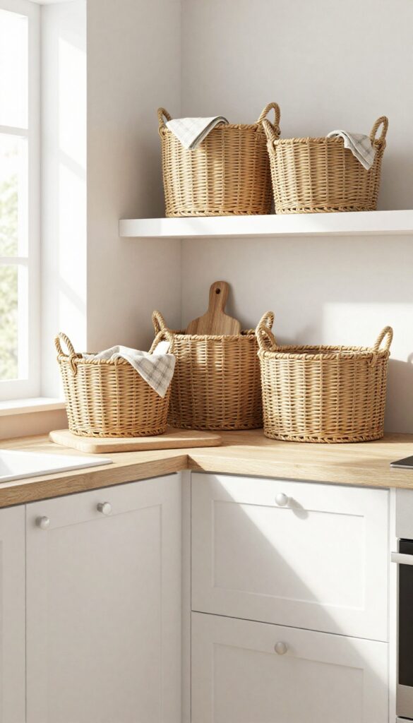 Woven baskets on top of kitchen cabinets storing linens and serving pieces, adding warmth and texture to a minimalist kitchen