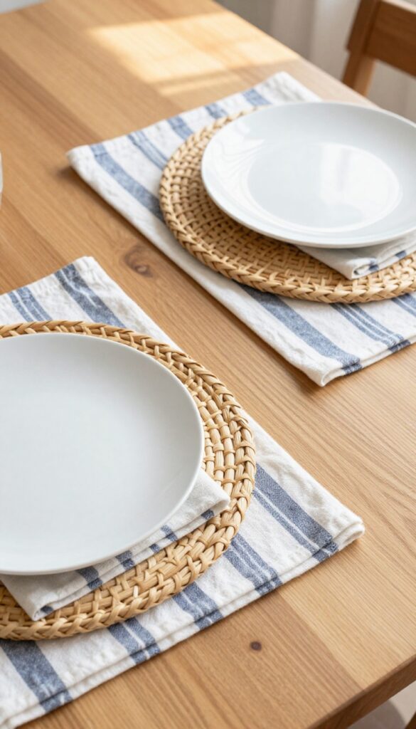 A wooden dining table with a striped cotton runner and layered bamboo placemats, set with simple white plates and napkins in natural light.