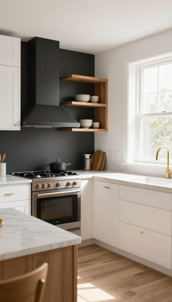 White kitchen with a matte black accent wall behind the stove, warm wood shelves, brass details, and marble countertops.