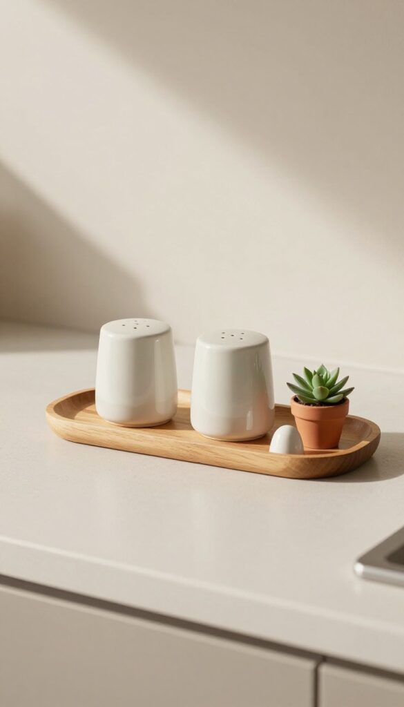 A pair of ceramic salt and pepper shakers on a wooden tray with a small plant on a modern kitchen counter.