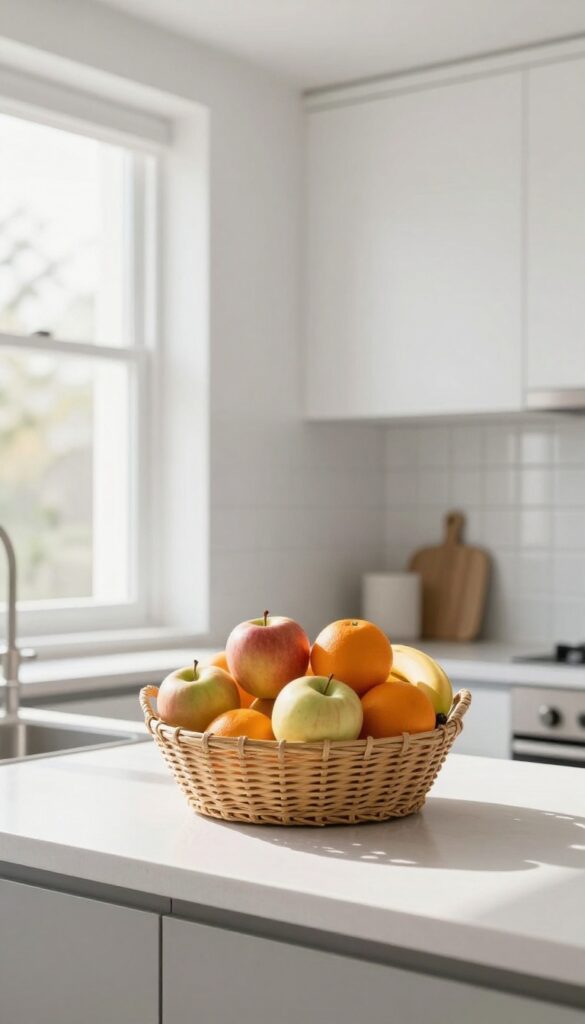 A woven basket filled with fresh fruit on a kitchen counter, natural light, clean and inviting.