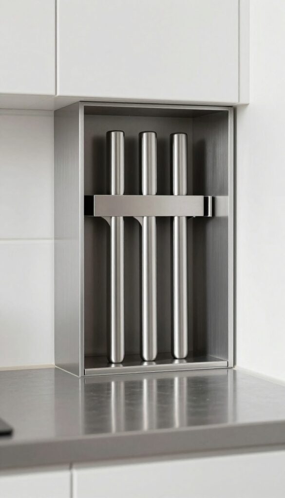 Magnetic knife strip mounted inside a narrow kitchen niche, holding stainless steel knives vertically, with brushed nickel finish and subtle tile background.