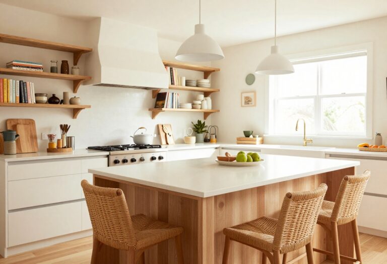 Large kitchen island with seating and storage, warm and lived-in style
