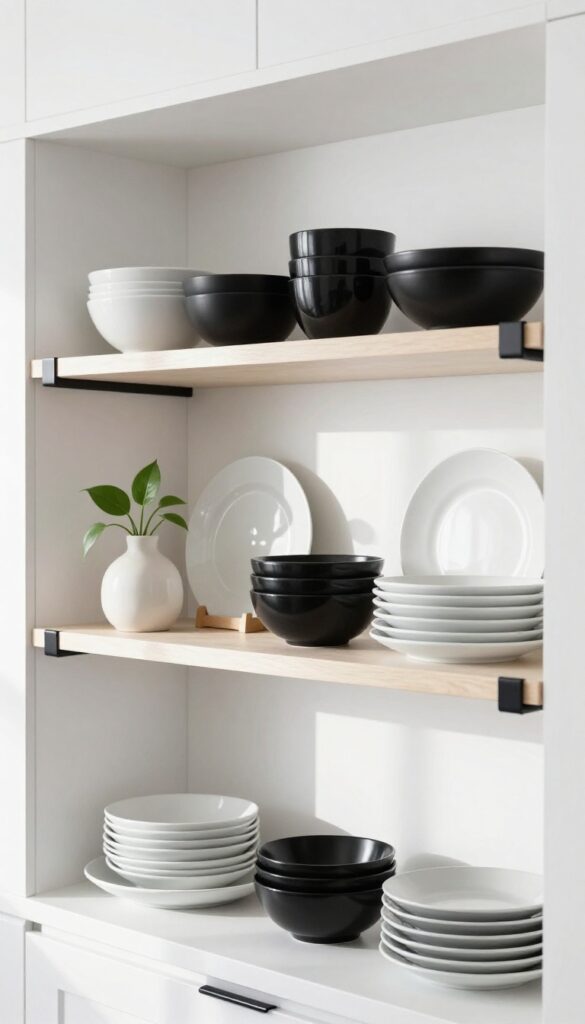 Open shelving in a black and white kitchen with curated dishes and plants, warm natural light.