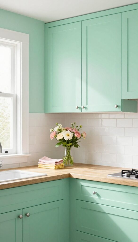Mint green kitchen cabinets and accent wall with white subway tile and chrome fixtures