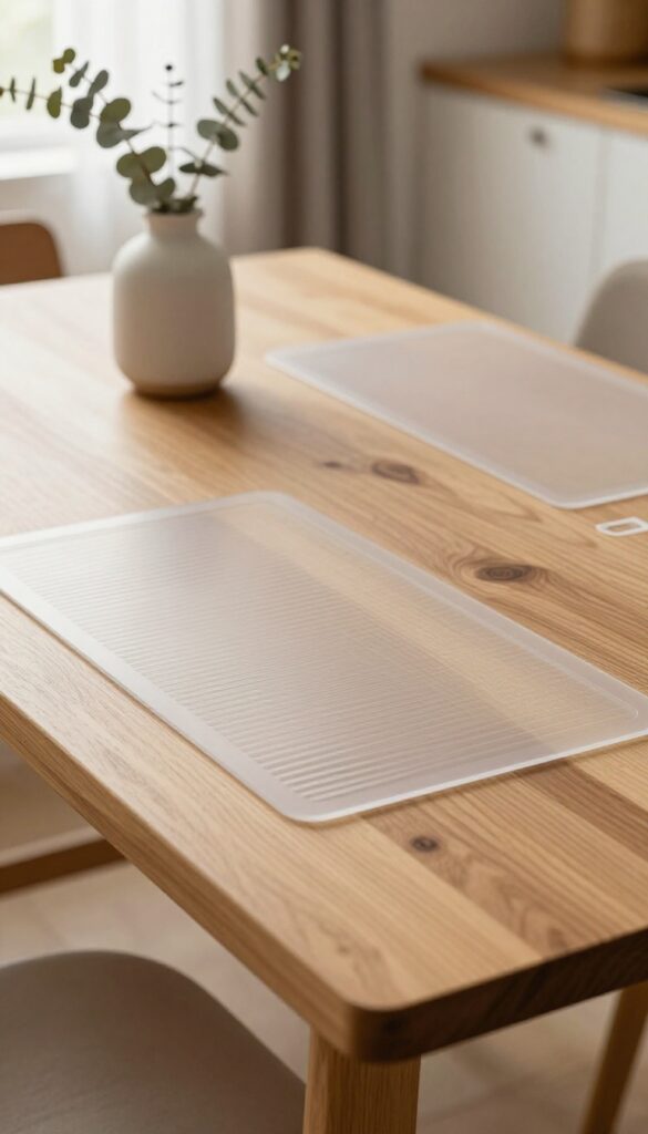 Clear silicone placemats with ribbed texture on a wooden table, with a vase of dried eucalyptus and a linen napkin, in a cozy kitchen with natural light.