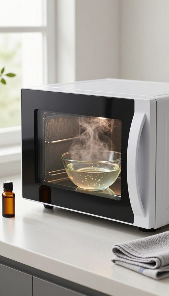 Steam rising from a bowl of water with essential oils inside a clean microwave