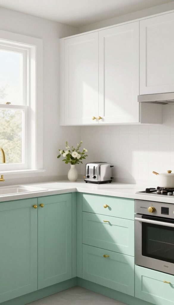 Mint green lower cabinets with white upper cabinets in a bright kitchen, retro style, brass hardware, natural light.