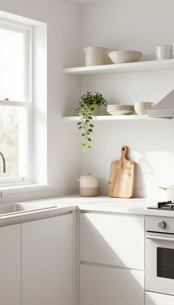 Open shelving in a bright kitchen with white dishes, a trailing plant, and a wooden cutting board