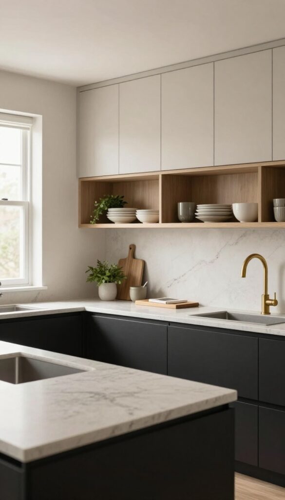Modern kitchen with soft grey upper cabinets, black lower cabinets, open shelving, and natural light