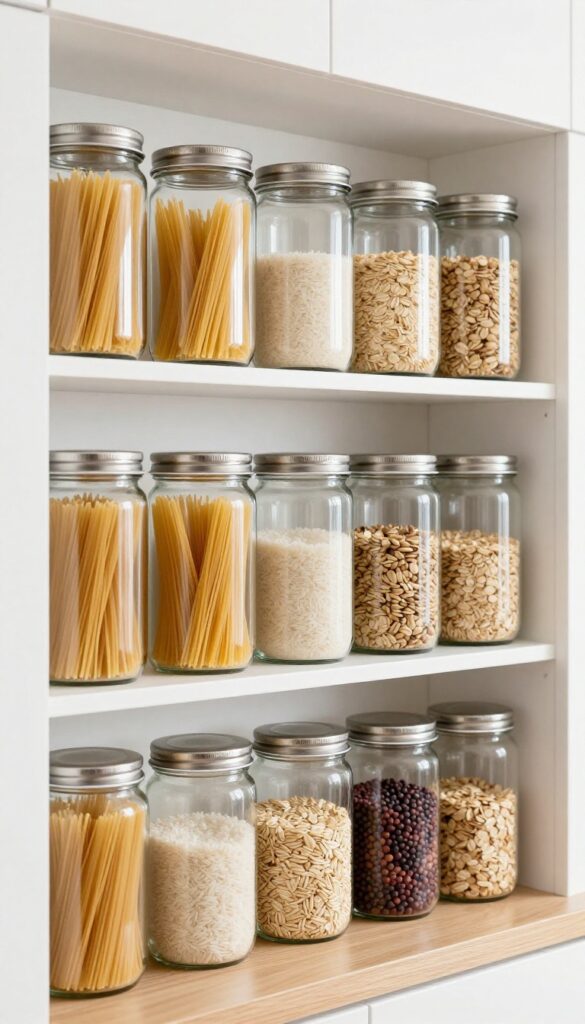 Clear glass jars with dry goods neatly organized on pantry shelves, bright natural light, clean minimalist composition.