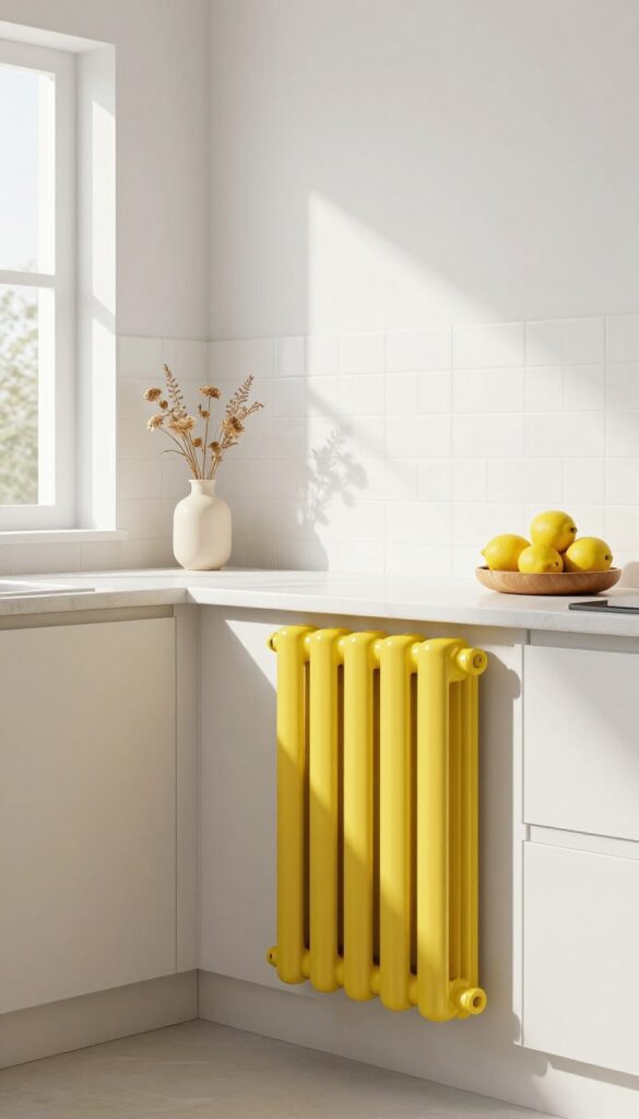 Kitchen with a bold mustard yellow painted radiator as a focal point, dried flowers on top, and a fruit bowl on the counter.