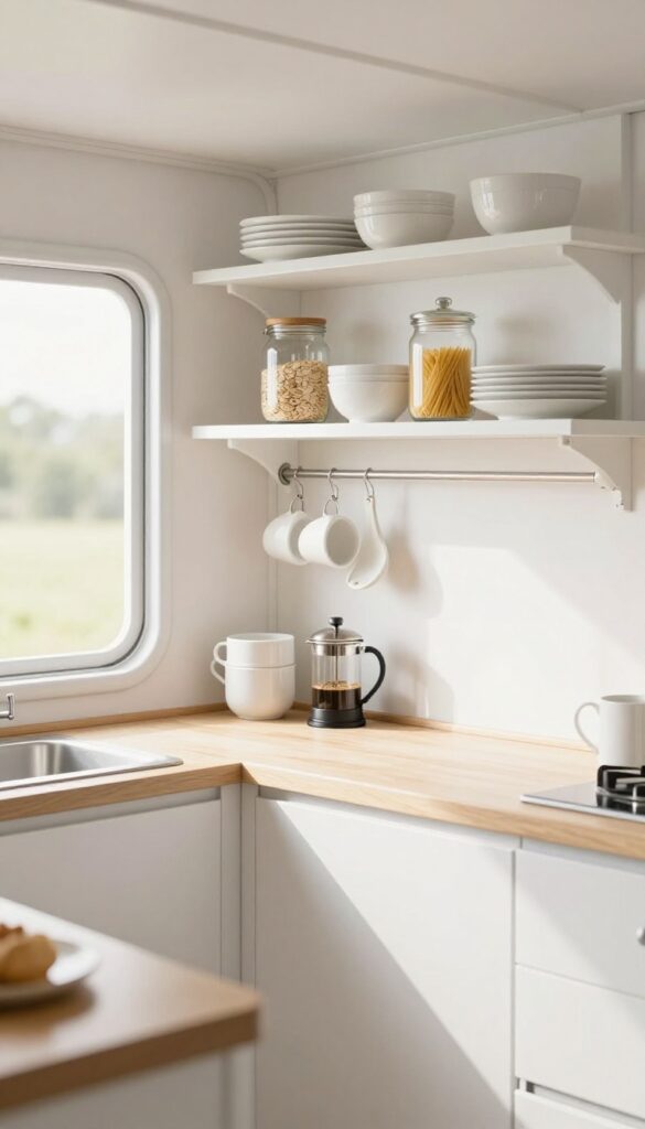 Campervan kitchen with open white shelving, neatly arranged dishes and jars, light wood countertop, bright and airy.