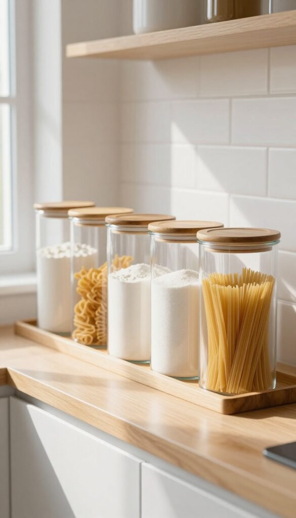 Clear glass canisters with bamboo lids on a wooden tray on a kitchen counter, filled with flour, sugar, and pasta, in a light and airy kitchen.