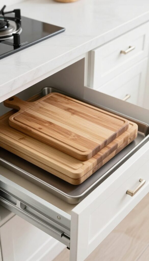Deep kitchen drawer with vertical storage for cutting boards and baking sheets, organized with bamboo dividers.