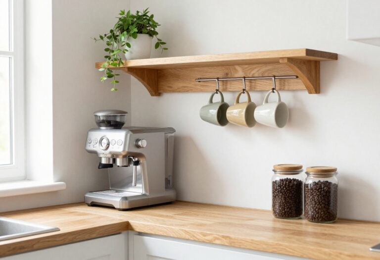 Small kitchen coffee corner with floating shelf, espresso machine, and hanging mugs